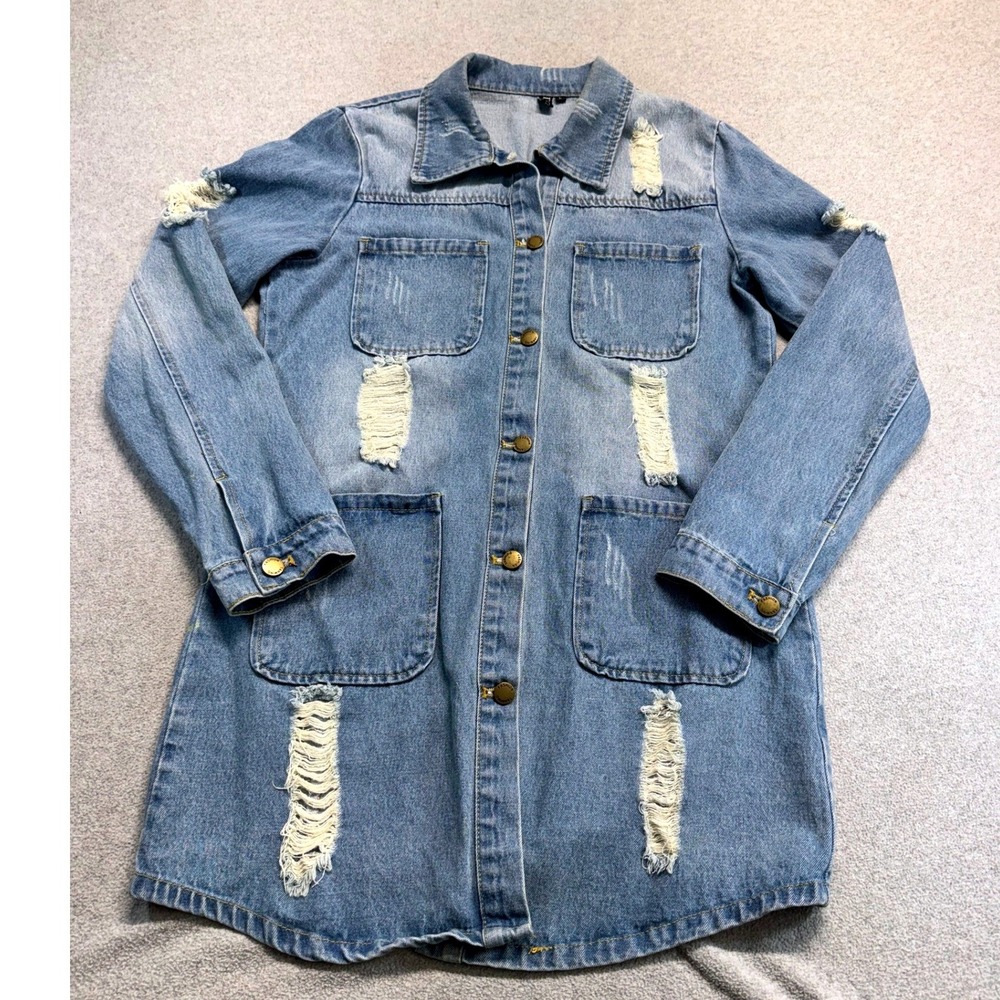 Tanming Women's Distressed Denim Jacket Size L Light Wash Longline Button Front